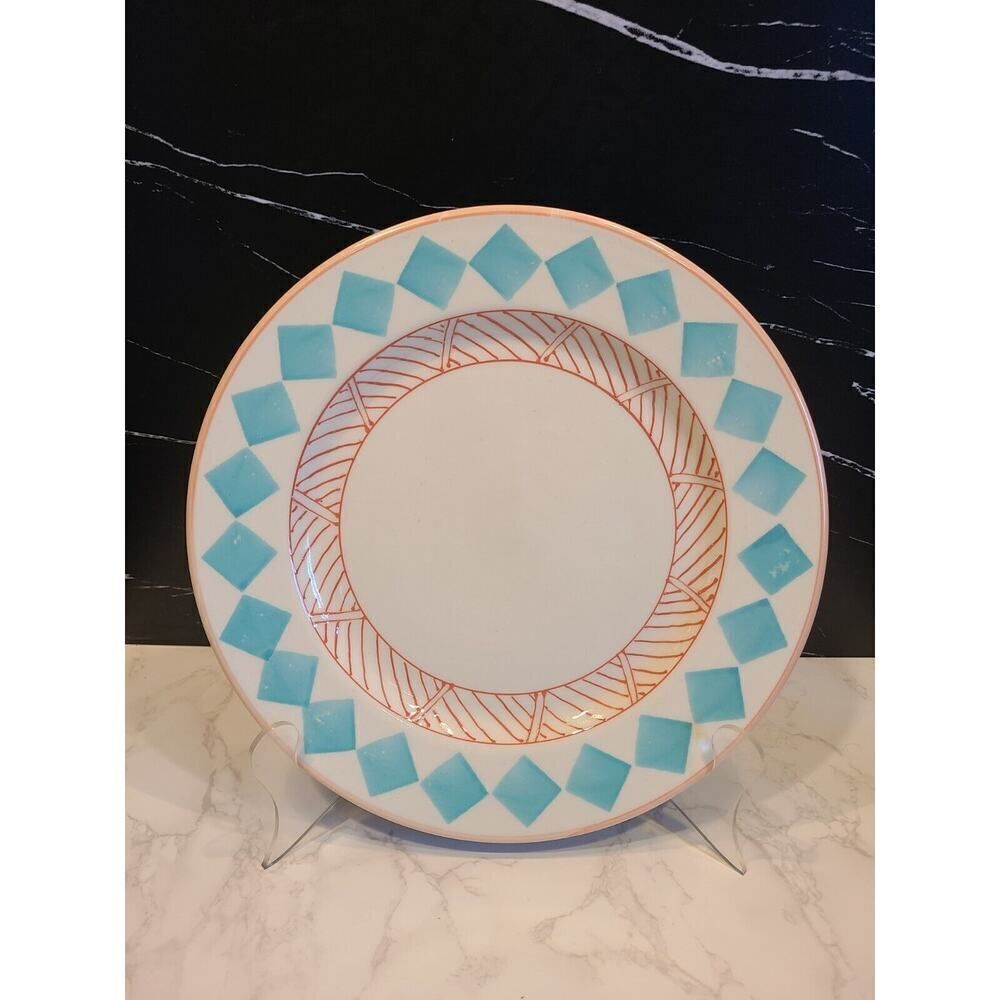 Hartstone Pottery USA Center Diamond Dinner Plate 12” Teal & Peach Rare EUC